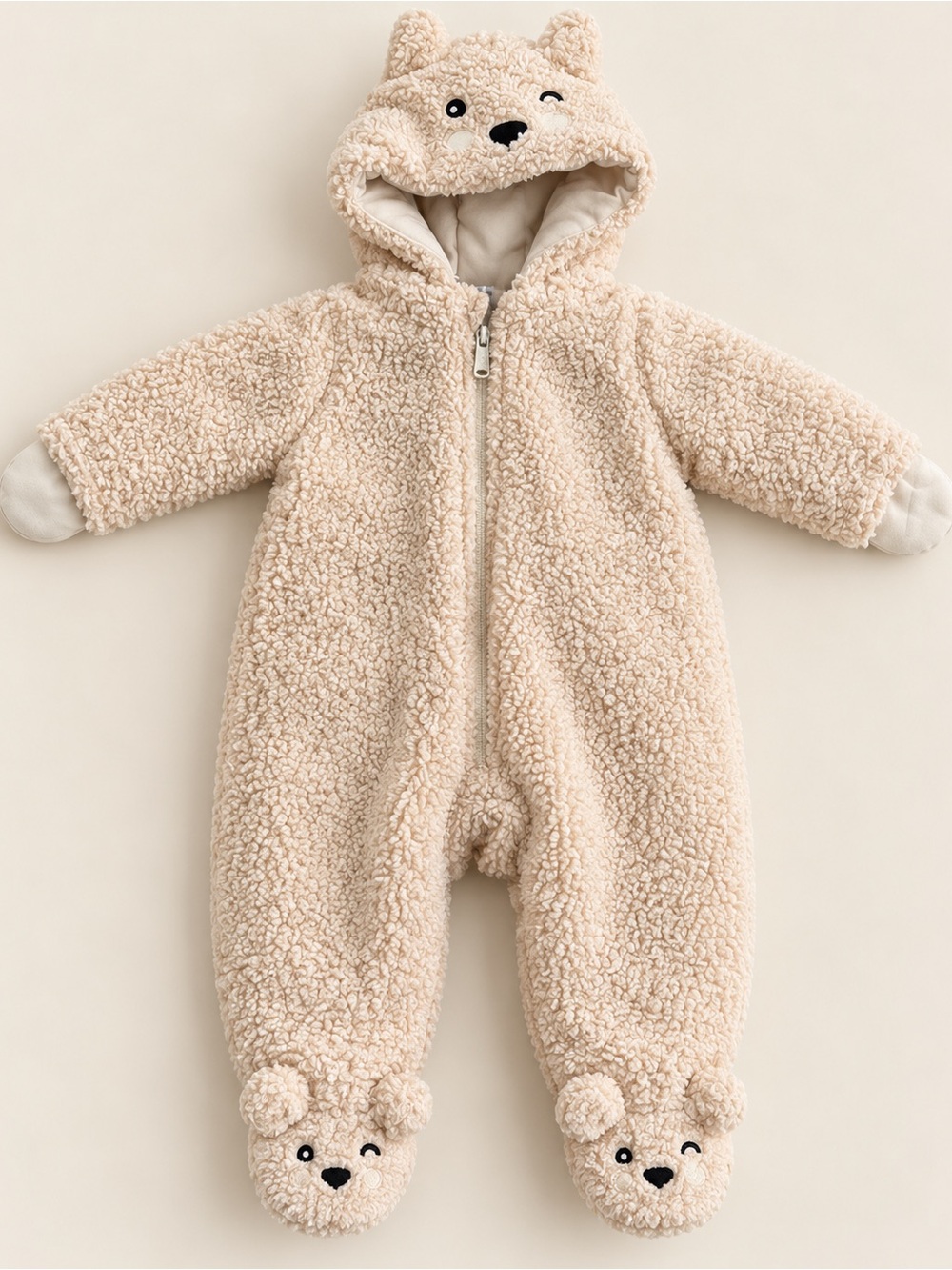 Plush Cream Sherpa Baby One-Piece with Bear Hood